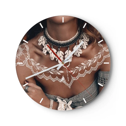 Ceas de perete - Ceas pe sticlă - Portret decorativ al unei femei cu bijuterii etnice și modele cu henna - 30x30cm - Talismanele, ritualurile feminității - Decorațiune modernă pentru perete pentru living, bucătărie și dormitor ARTTOR