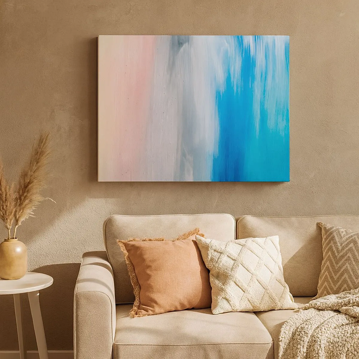 Tablou pe pânză Canvas - Pensule abstracte în nuanțe de albastru și roz - 70x50cm - Elemente: aer - Decorațiune modernă pentru perete pentru living și dormitor ARTTOR