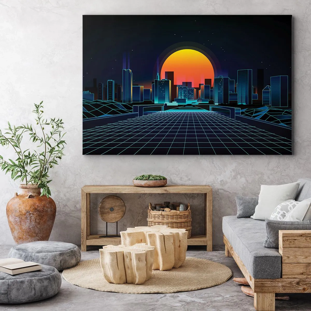 Tablou pe pânză Canvas - Orizont urban futurist în stil neon - 70x50cm - Încă mai vrei să ajungi la lumea reală? - Decorațiune modernă pentru perete pentru living și dormitor ARTTOR