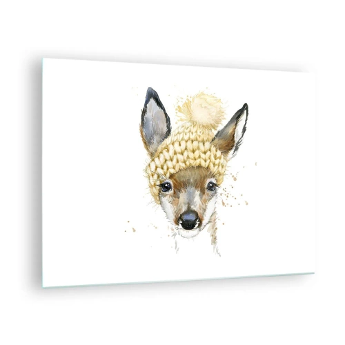 Tablou pe sticlă - Un căprior într-o căciulă de lână cu pompom - 70x50cm - Pentru iarnă într-o pădure înzăpezită - Decorațiune modernă pentru perete pentru living și dormitor ARTTOR