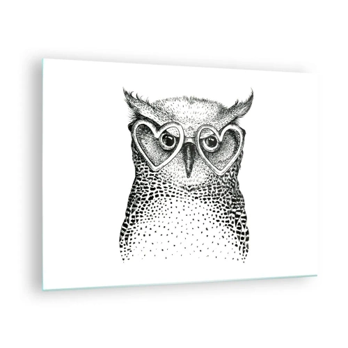 Tablou pe sticlă - Ilustrație a unei bufnițe purtând ochelari în formă de inimă - 70x50cm - Cu înțelepciune și dragoste - Decorațiune modernă pentru perete pentru living și dormitor ARTTOR
