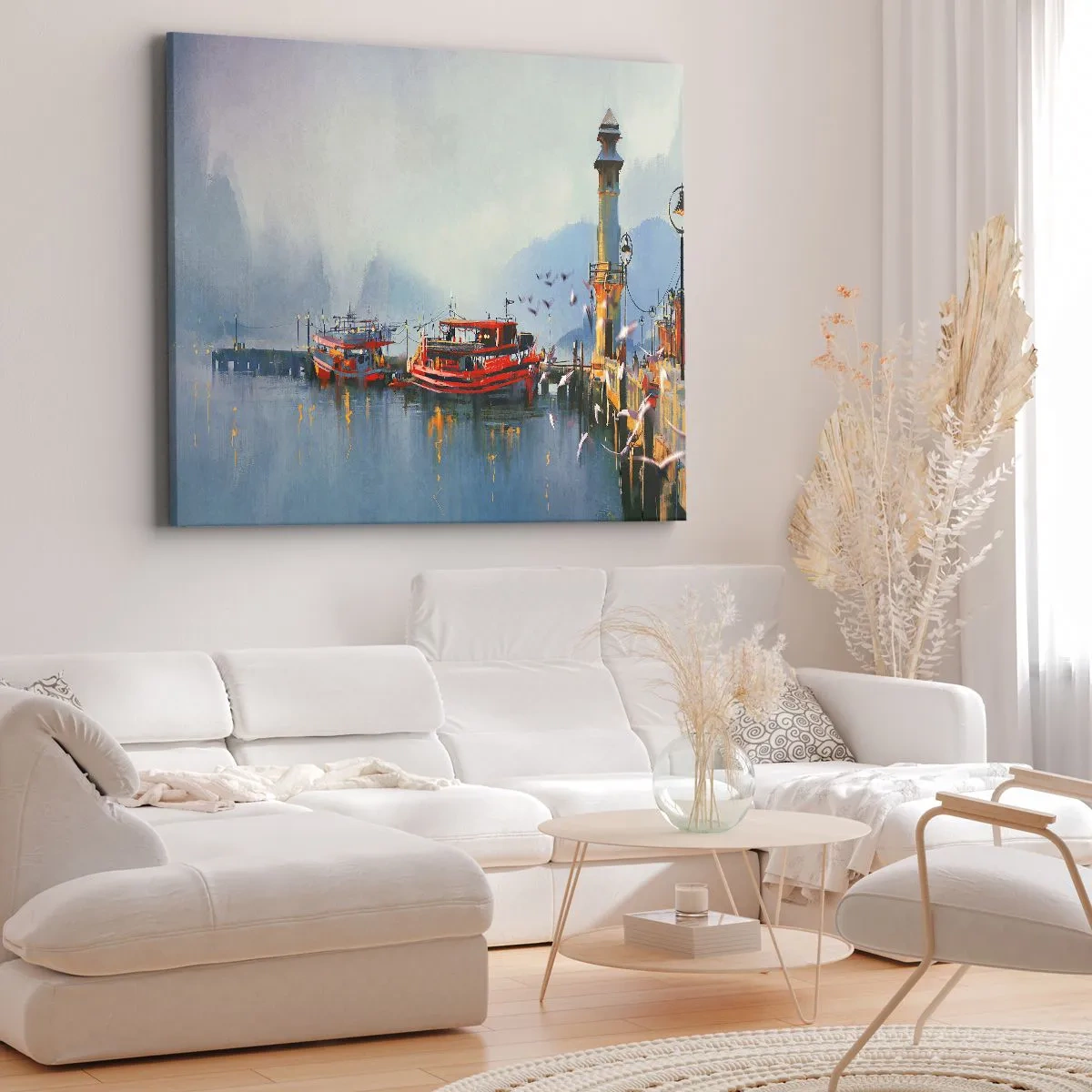 Tablou pe pânză Canvas - Un port cu bărci roșii înconjurat de un peisaj cețos - 70x50cm - La capătul lumii - Decorațiune modernă pentru perete pentru living și dormitor ARTTOR