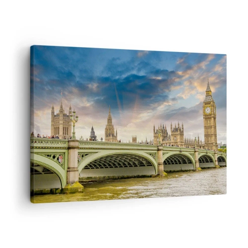 Tablou pe pânză Canvas - Big Ben și Westminster Bridge pe fundalul cerului la amurg - 70x50cm - Timpul s-a oprit în Imperiu - Decorațiune modernă pentru perete pentru living și dormitor ARTTOR