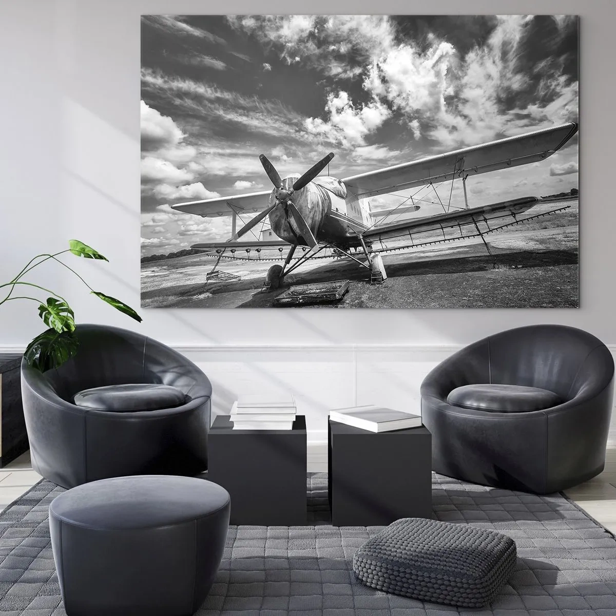 Tablou pe sticlă - Fotografie alb-negru a unui biplan clasic - 70x50cm - Abia aștept! - Decorațiune modernă pentru perete pentru living și dormitor ARTTOR