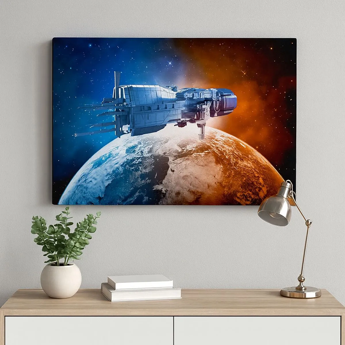 Tablou pe pânză Canvas - O navă spațială pe fundalul unei planete în spațiu - 70x50cm - Observator atent - Decorațiune modernă pentru perete pentru living și dormitor ARTTOR