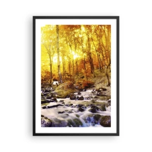 Poster în ramă neagră - Pădure de toamnă cu un pârâu repezi în lumina soarelui apus - 50x70cm - Pietre montate în aur și platină - Decorațiune modernă pentru perete pentru living și dormitor ARTTOR