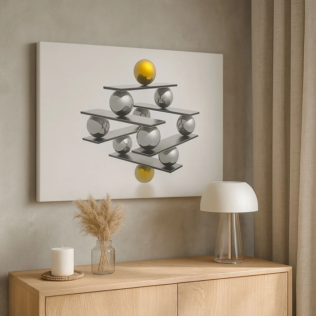 Tablou pe pânză Canvas - Compoziție geometrică cu bile metalice și accent auriu - 70x50cm - Balanța aur-argint - Decorațiune modernă pentru perete pentru living și dormitor ARTTOR