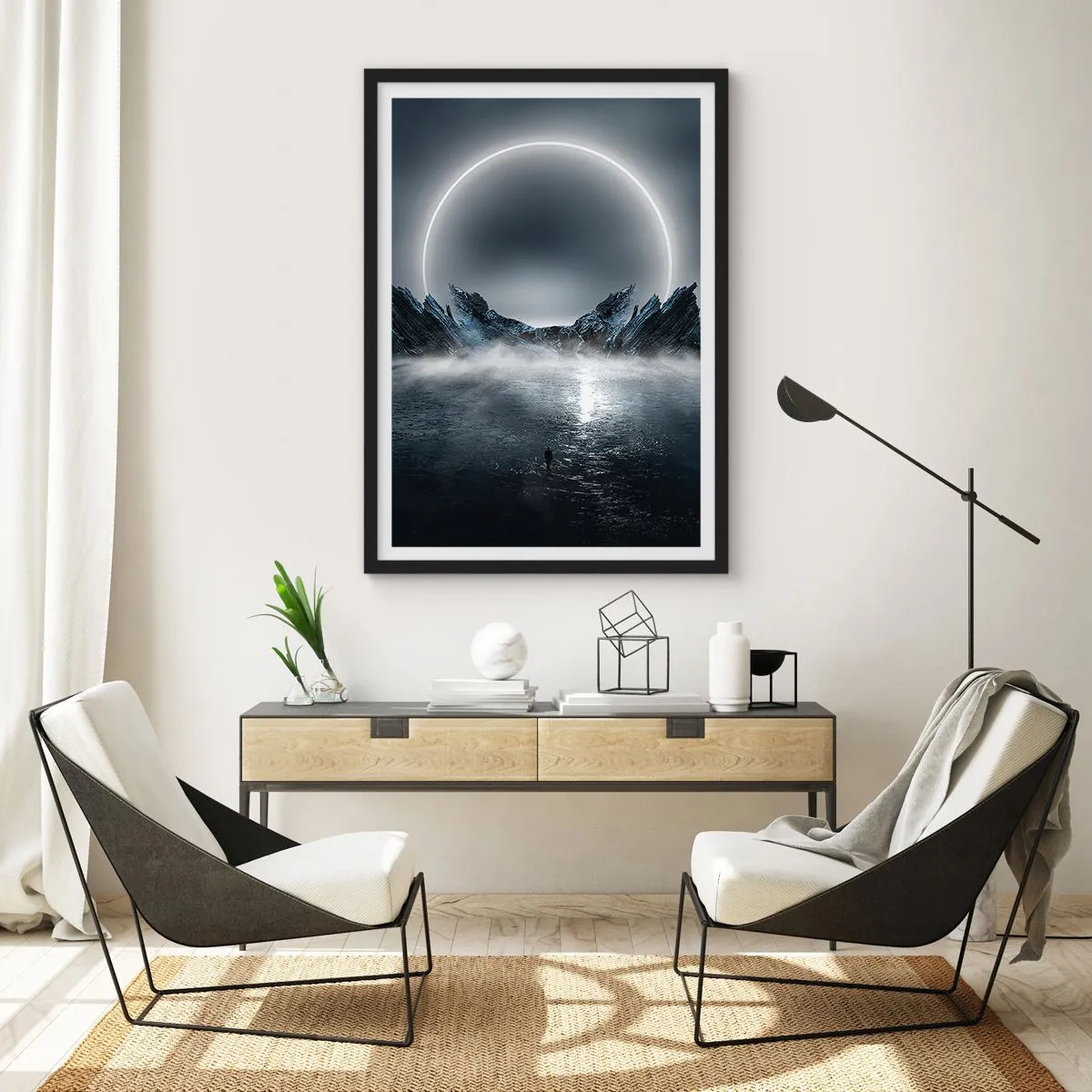 Poster în ramă neagră - Un peisaj misterios cu un cerc strălucitor pe cer - 50x70cm - Final de poveste - Decorațiune modernă pentru perete pentru living și dormitor ARTTOR