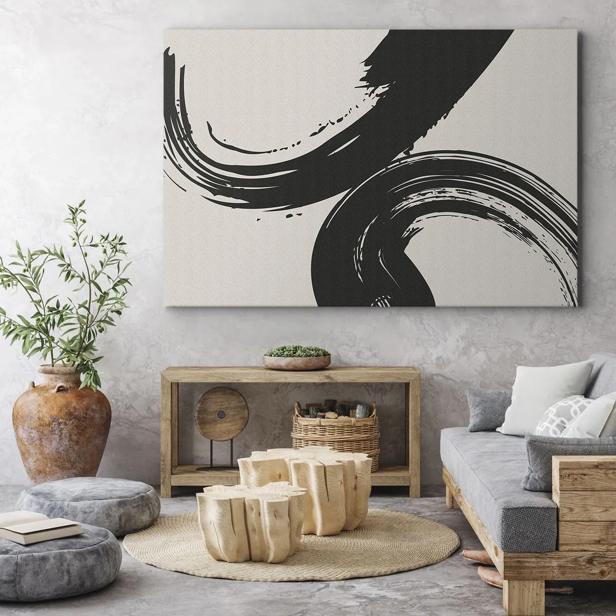 Tablou pe pânză Canvas - Pensule dinamice în negru pe un fundal deschis - 70x50cm - Tare și circular - Decorațiune modernă pentru perete pentru living și dormitor ARTTOR