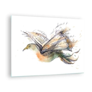 Tablou pe sticlă - O pasăre dintr-o carte derulată, o metaforă artistică pentru cunoaștere - 70x50cm - Pe aripile poeziei - Decorațiune modernă pentru perete pentru living și dormitor ARTTOR