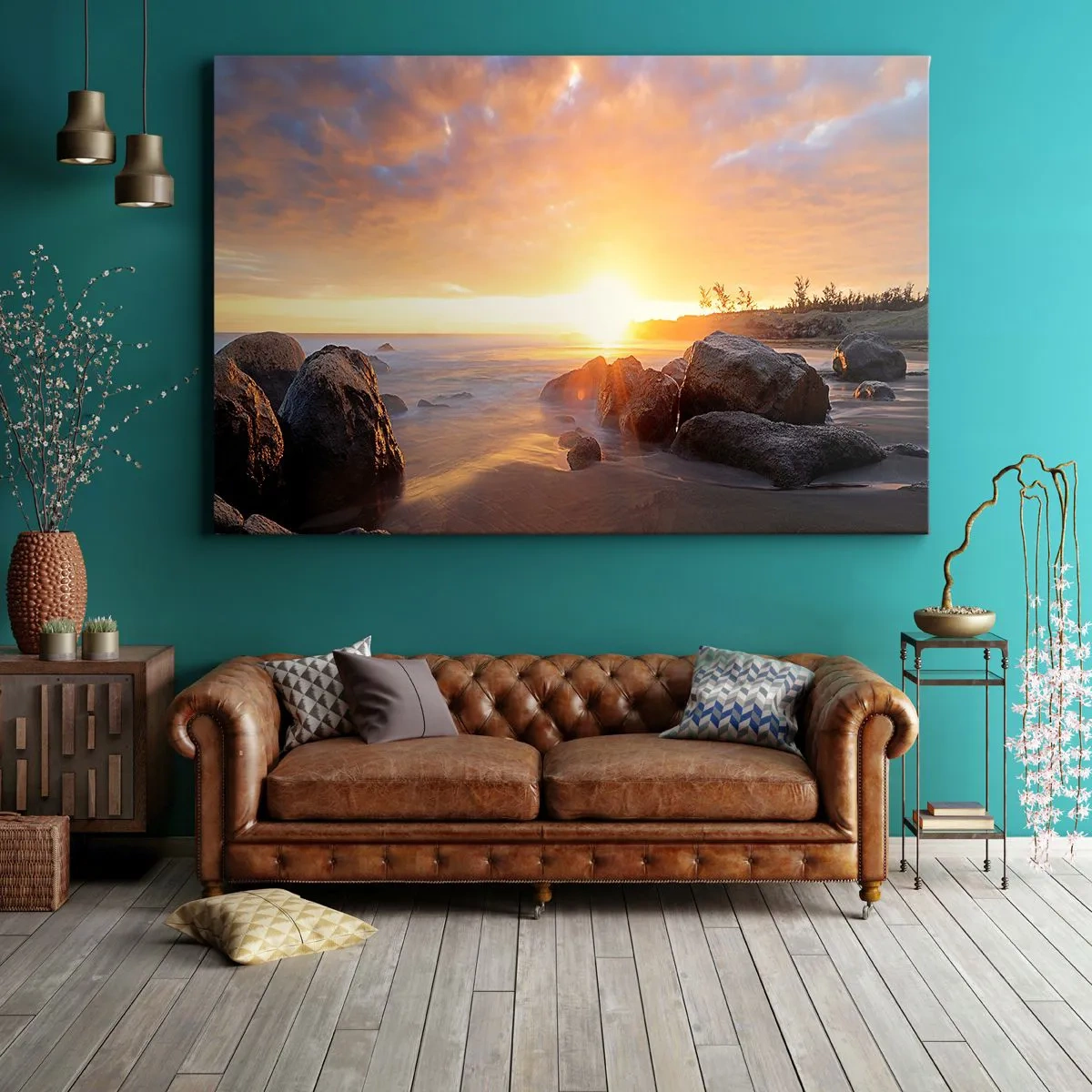 Tablou pe pânză Canvas - Apus de soare peste coasta stâncoasă - 70x50cm - Briză luminoasă de seară - Decorațiune modernă pentru perete pentru living și dormitor ARTTOR