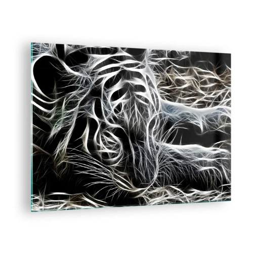 Tablou pe sticlă - Tigru abstract în linii luminoase pe fundal negru - 70x50cm - Un studiu al lejerității felinelor - Decorațiune modernă pentru perete pentru living și dormitor ARTTOR