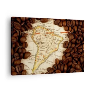 Tablou pe pânză Canvas - O hartă a Americii de Sud înconjurată de boabe de cafea. - 70x50cm - De unde provine cea mai bună cafea? - Decorațiune modernă pentru perete pentru living și dormitor ARTTOR