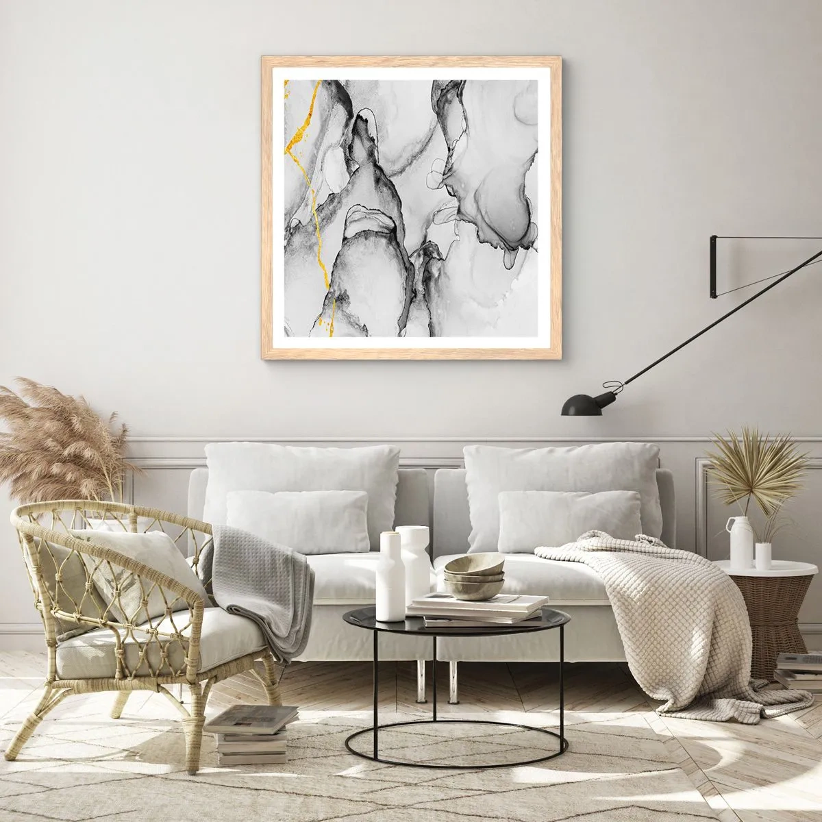 Poster în ramă de stejar deschis - Compoziție cu motiv auriu - 40x40 cm