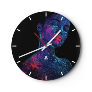 Ceas de perete - Ceas pe sticlă - Portretul unei femei cu picturi fluorescente pe față - 30x30cm - În praf de stele - Decorațiune modernă pentru perete pentru living, bucătărie și dormitor ARTTOR