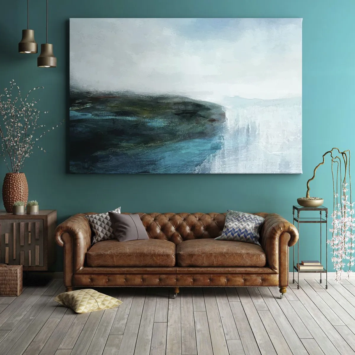 Tablou pe pânză Canvas - Peisaj abstract în nuanțe de turcoaz și gri - 70x50cm - Abstracție maritimă - Decorațiune modernă pentru perete pentru living și dormitor ARTTOR