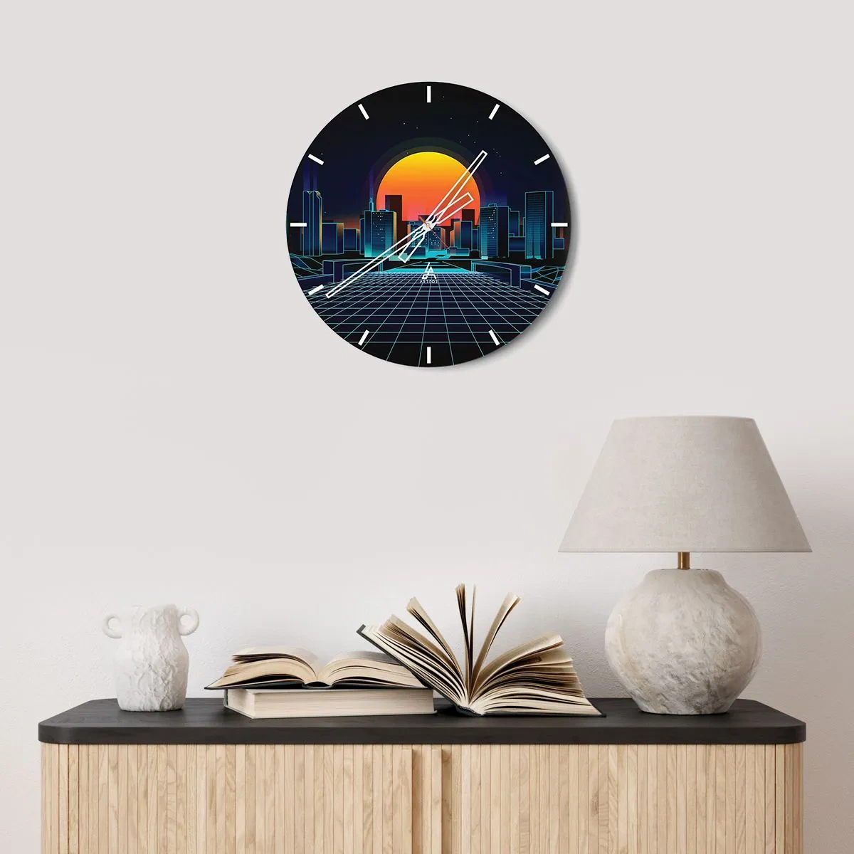 Ceas de perete - Ceas pe sticlă - peisaj urban retro-futurist cu lumini neon și apus de soare - 30x30cm - Încă mai vrei să ajungi la lumea reală? - Decorațiune modernă pentru perete pentru living, bucătărie și dormitor ARTTOR