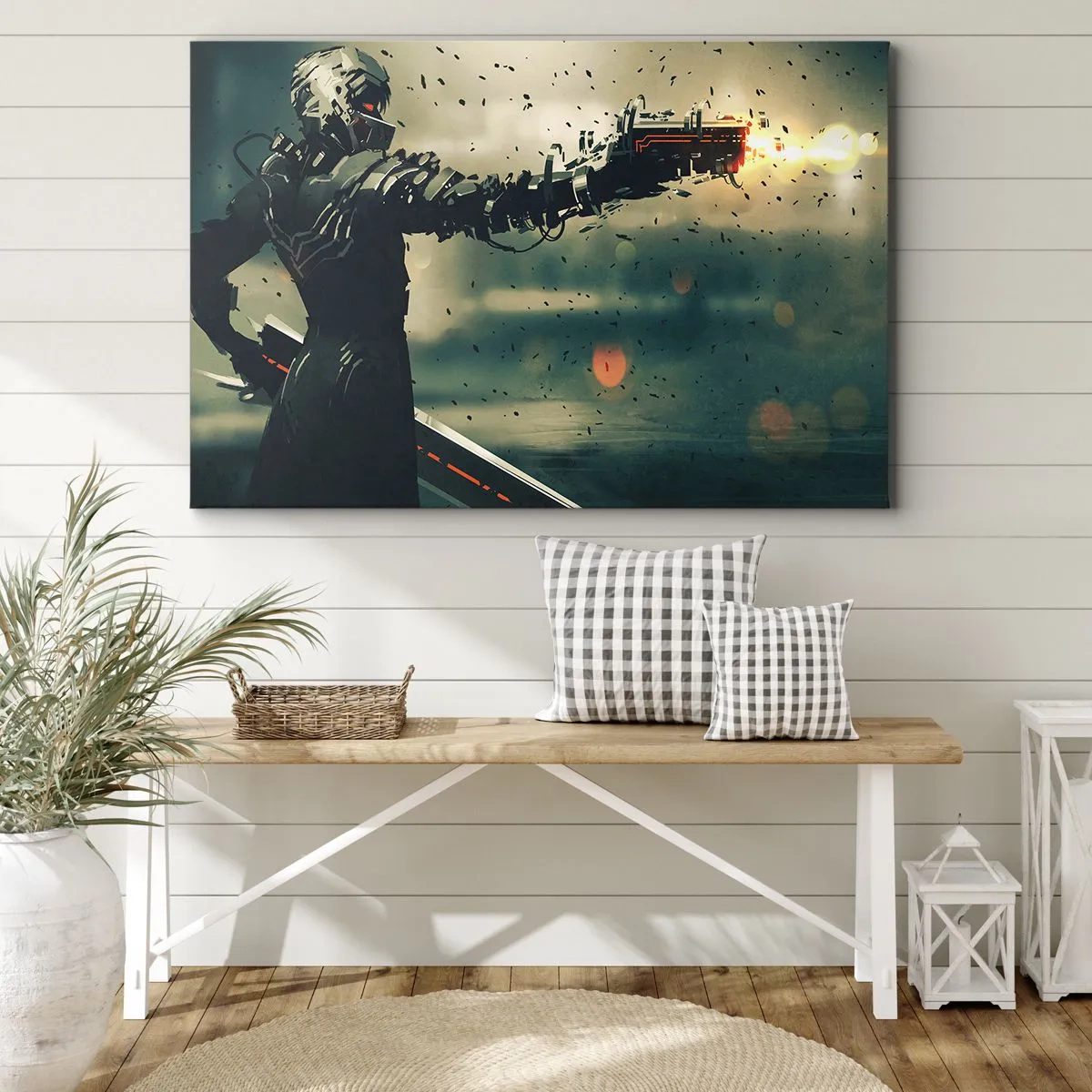 Tablou pe pânză Canvas - Războinic cibernetic cu arme futuriste - 70x50cm - Armă letală - propriul tău Terminator - Decorațiune modernă pentru perete pentru living și dormitor ARTTOR