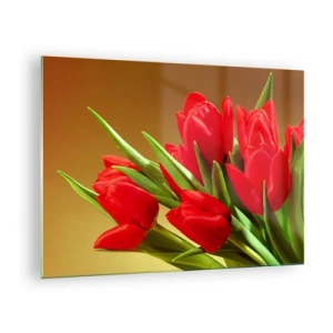 Tablou pe sticlă - Un buchet de lalele roșii pe un fundal auriu - 70x50cm - O explozie de bucurie de primăvară - Decorațiune modernă pentru perete pentru living și dormitor ARTTOR