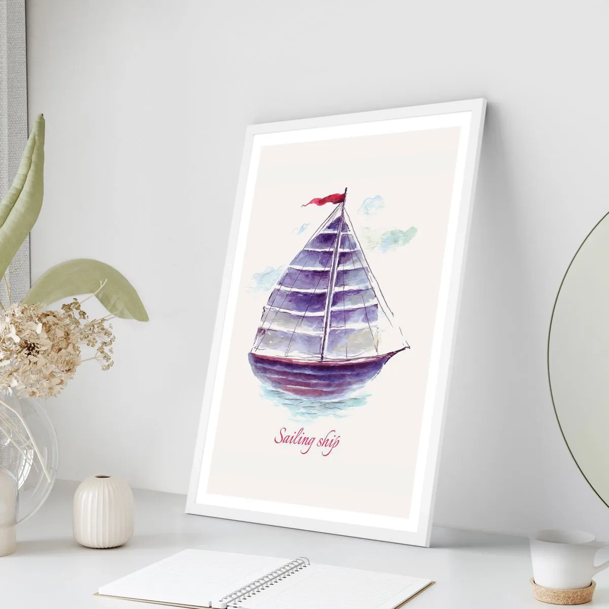 Poster în ramă albă - Pânze pline și apă calmă - 50x70 cm