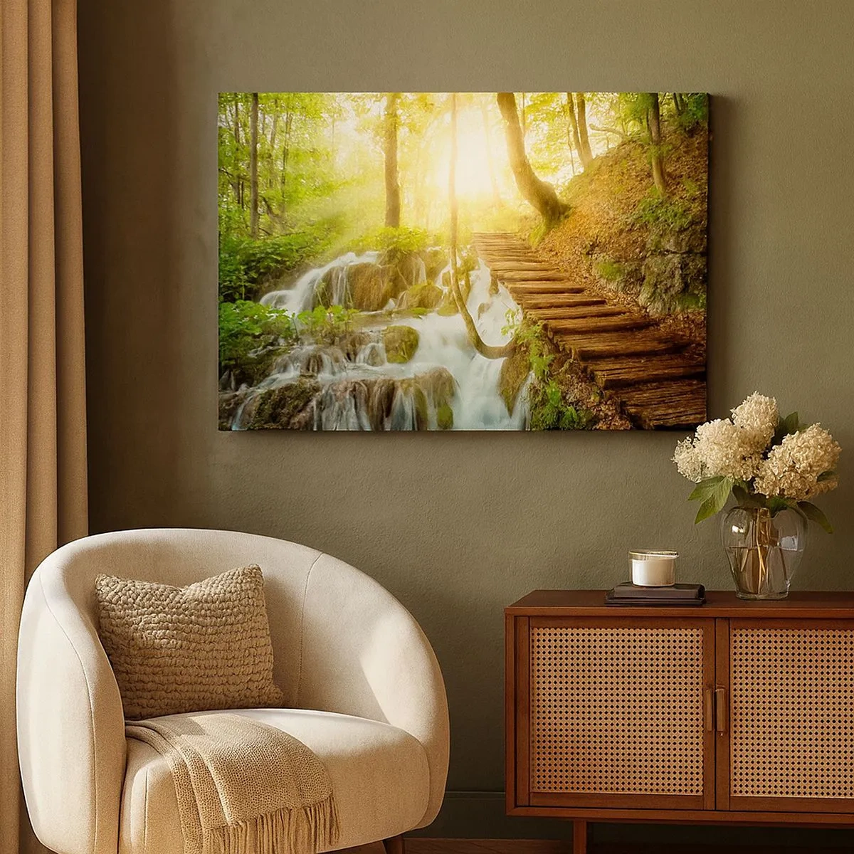 Tablou pe pânză Canvas - Cale de pădure cu scări de lemn lângă cascadă - 70x50cm - Răcirea dorită - Decorațiune modernă pentru perete pentru living și dormitor ARTTOR