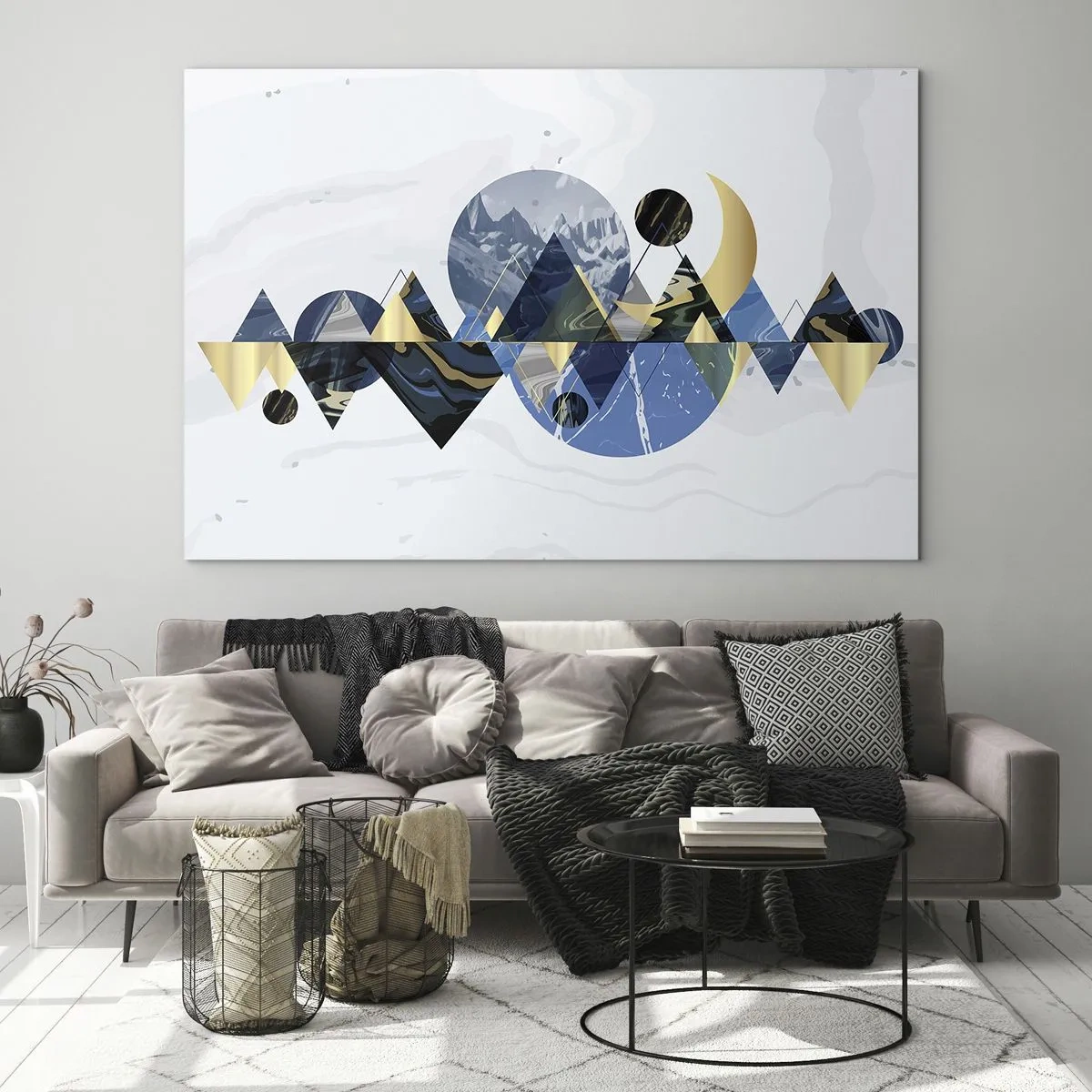 Tablou pe sticlă - Figuri geometrice abstracte în nuanțe de albastru marin și auriu - 70x50cm - Peisaj geometric - Decorațiune modernă pentru perete pentru living și dormitor ARTTOR