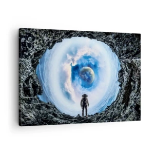 Tablou pe pânză Canvas - Astronautul pe fundalul unui peisaj spațial cu Pământul în fundal - 70x50cm - Nu departe de casă - Decorațiune modernă pentru perete pentru living și dormitor ARTTOR
