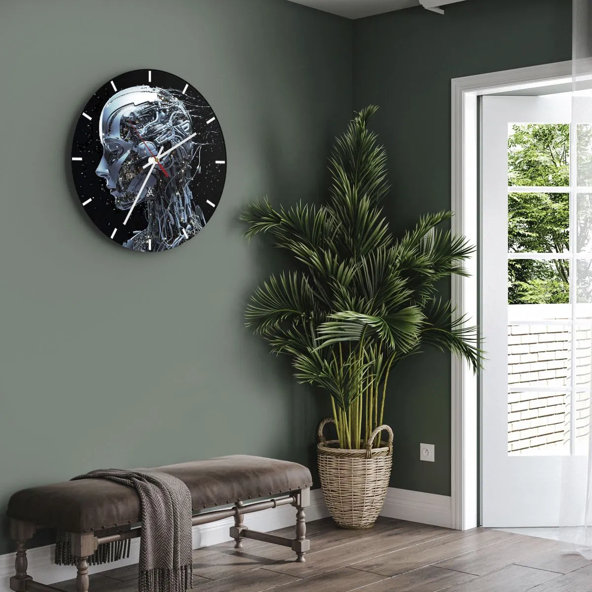 Ceas de perete - Ceas pe sticlă - Profilul unui robot umanoid realizat din cabluri futuriste - 30x30cm - Tehnologia este o femeie - Decorațiune modernă pentru perete pentru living, bucătărie și dormitor ARTTOR