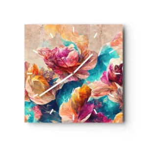Ceas de perete - Ceas pe sticlă - Splendoarea colorată a buchetului de flori - 40x40 cm