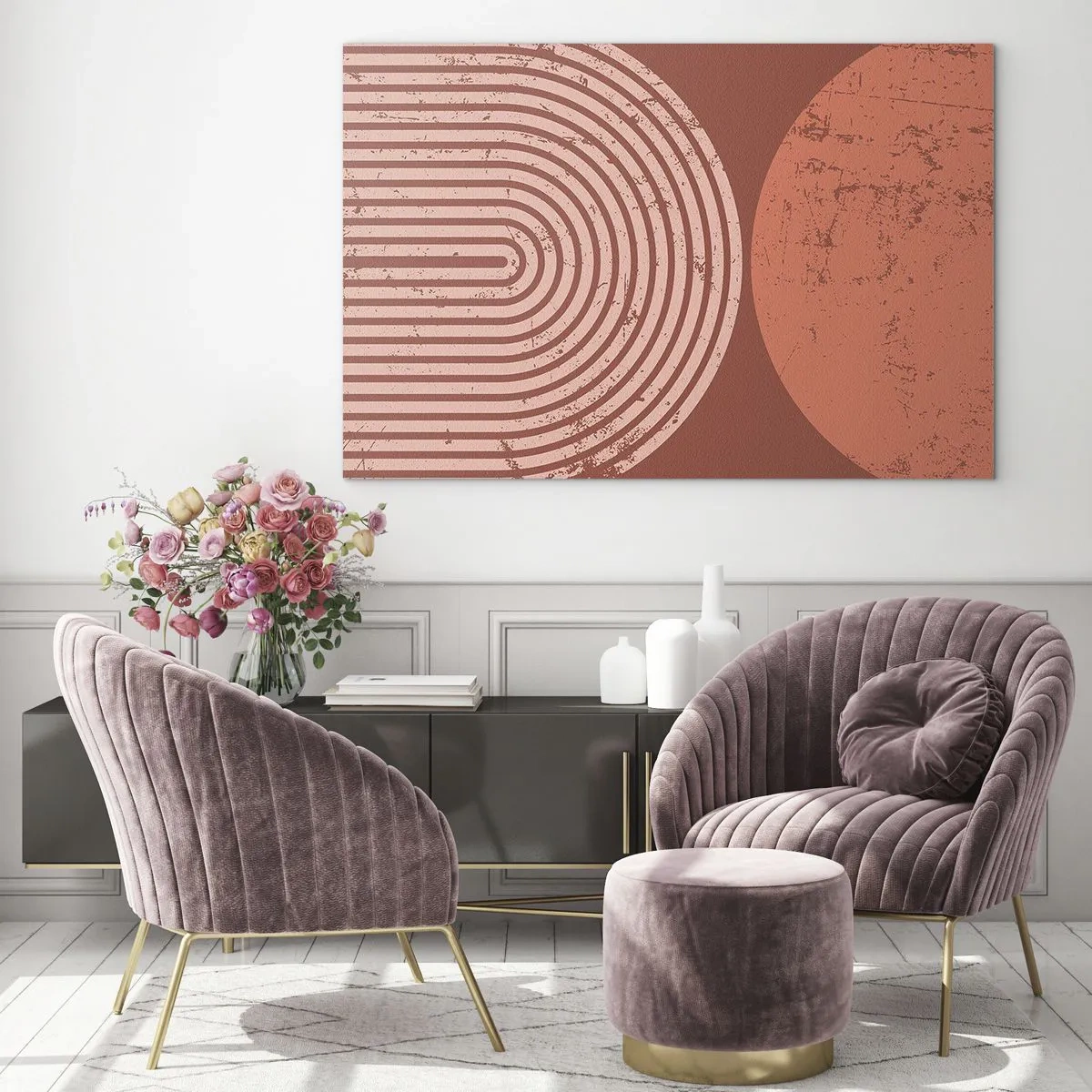 Tablou pe sticlă - Grafică geometrică de culoarea ruginii cu un semicerc și un cerc - 70x50cm - Relație strânsă - Decorațiune modernă pentru perete pentru living și dormitor ARTTOR