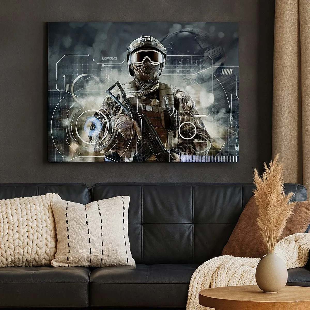 Tablou pe pânză Canvas - Un soldat într-o cască futuristă cu o armă în fundalul tehnologiei. - 70x50cm - Putere la putere - Decorațiune modernă pentru perete pentru living și dormitor ARTTOR