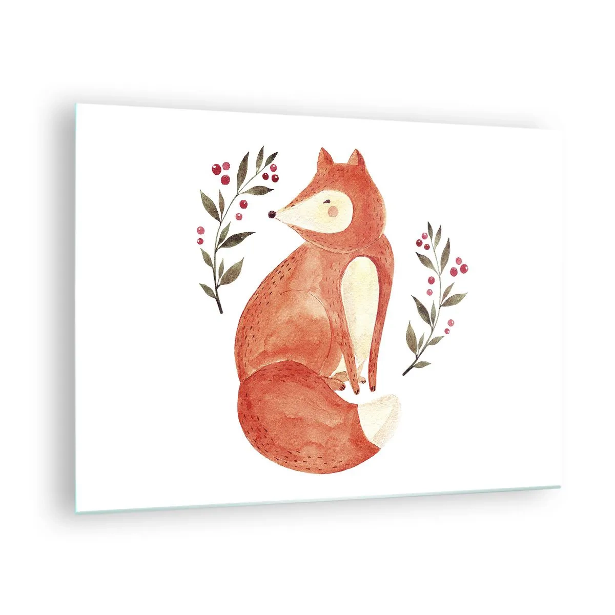 Tablou pe sticlă - Vulpe adorabilă în acuarelă cu crenguțe și fructe de pădure - 70x50cm - Micuțul roșcat - Decorațiune modernă pentru perete pentru living și dormitor ARTTOR