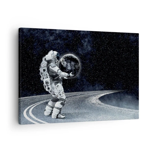 Tablou pe pânză Canvas - Astronautul cu Pământul pe fundalul cerului înstelat - 70x50cm - Pe Calea Lactee - Decorațiune modernă pentru perete pentru living și dormitor ARTTOR
