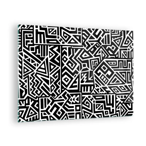 Tablou pe sticlă - Model alb-negru inspirat de arta tribală - 70x50cm - Compoziție precolumbiană - Decorațiune modernă pentru perete pentru living și dormitor ARTTOR