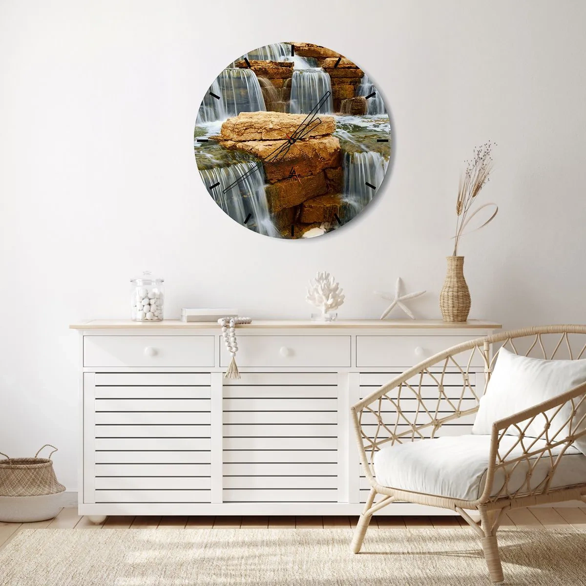 Ceas de perete - Ceas pe sticlă - Cascade pe fundalul stâncilor - 30x30cm - Scara către cer - Decorațiune modernă pentru perete pentru living, bucătărie și dormitor ARTTOR