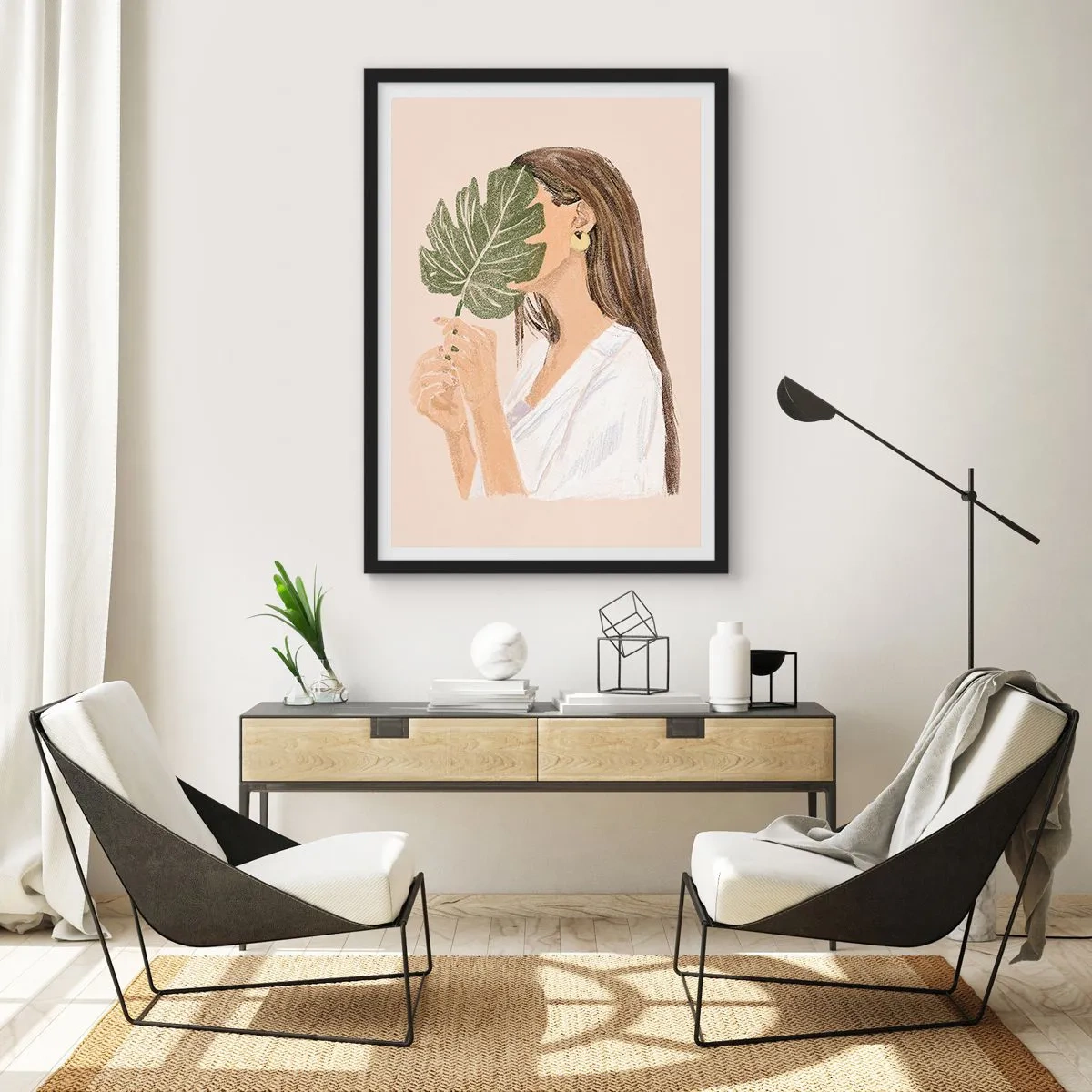 Poster în ramă neagră - O femeie care își acoperă fața cu o frunză de monstera. - 50x70cm - Portret misterios cu un evantai - Decorațiune modernă pentru perete pentru living și dormitor ARTTOR