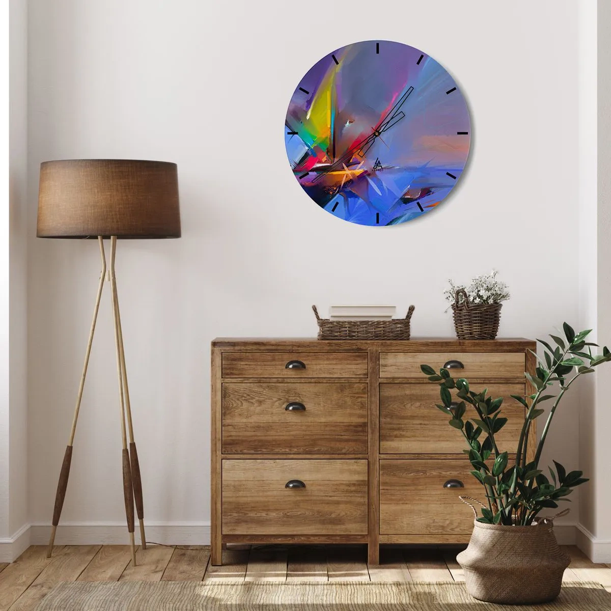 Ceas de perete - Ceas pe sticlă - Un joc abstract de culori și forme pe un fundal albastru - 30x30cm - Iute ca o pasăre - Decorațiune modernă pentru perete pentru living, bucătărie și dormitor ARTTOR