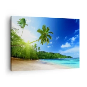 Tablou pe pânză Canvas - Plajă tropicală cu palmieri și mare turcoaz - 70x50cm - O atingere blândă a tropicelor - Decorațiune modernă pentru perete pentru living și dormitor ARTTOR