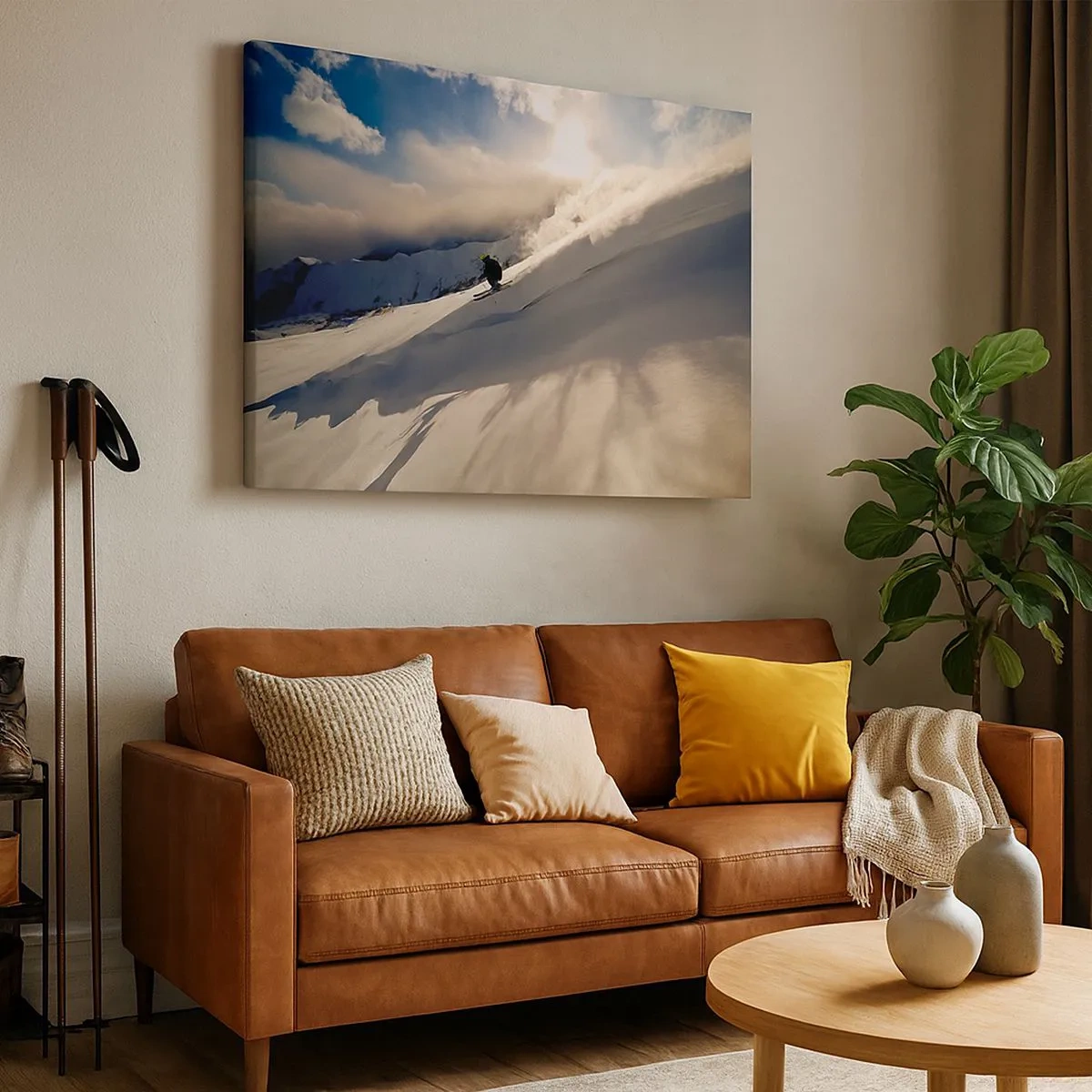 Tablou pe pânză Canvas - Un schior pe o pârtie înconjurată de munți și zăpadă - 70x50cm - Provocarea munților - Decorațiune modernă pentru perete pentru living și dormitor ARTTOR
