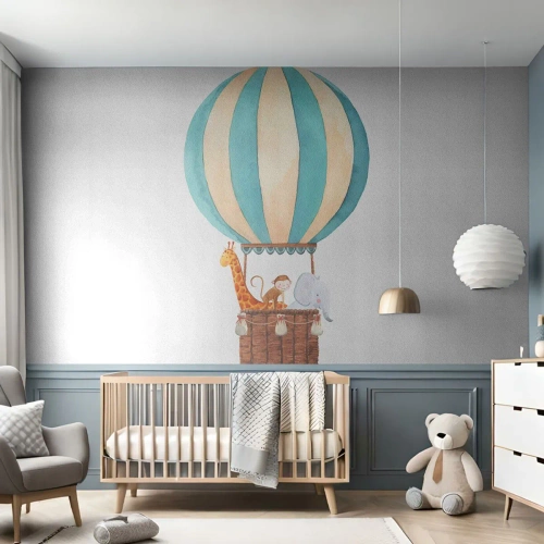 Tapet Standard Eco - Un balon cu o girafă, o maimuță și un elefant într-un coș pe un fundal alb - 100x70cm - O călătorie fantastică - Decorațiune modernă pentru perete pentru living și dormitor ARTTOR
