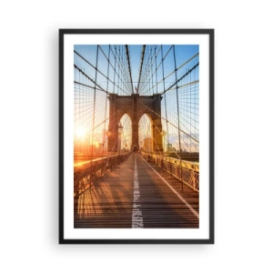 Poster în ramă neagră - Podul Brooklyn iluminat de razele soarelui care răsare - 50x70cm - Pe podul de aur - Decorațiune modernă pentru perete pentru living și dormitor ARTTOR
