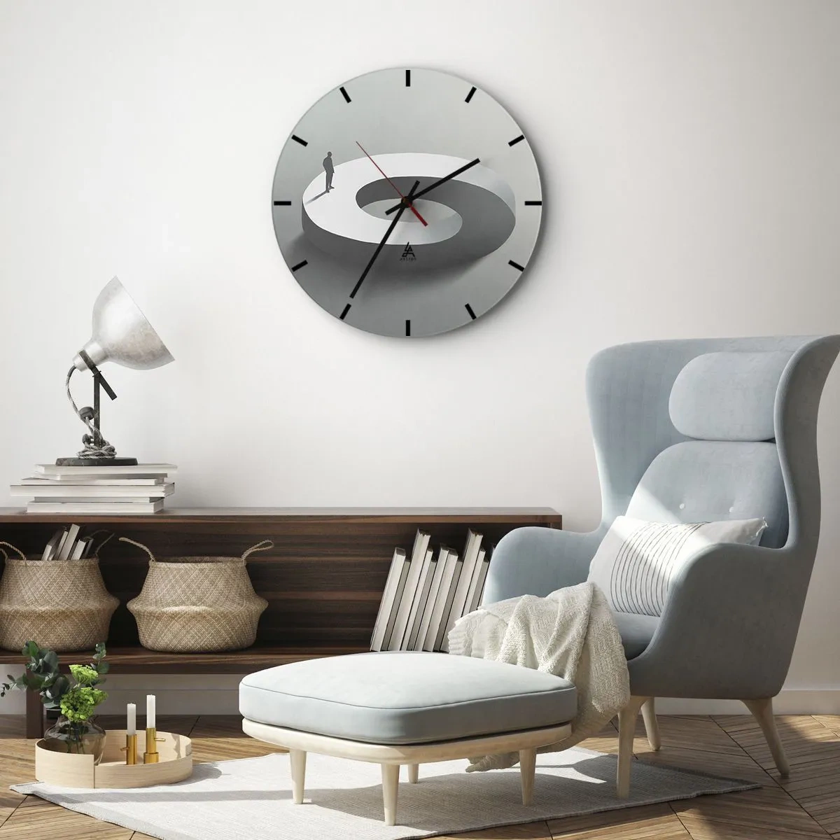 Ceas de perete - Ceas pe sticlă - O siluetă neagră a unui bărbat care stă pe o pistă albă în spirală. - 30x30cm - Înțelegi ceva? - Decorațiune modernă pentru perete pentru living, bucătărie și dormitor ARTTOR