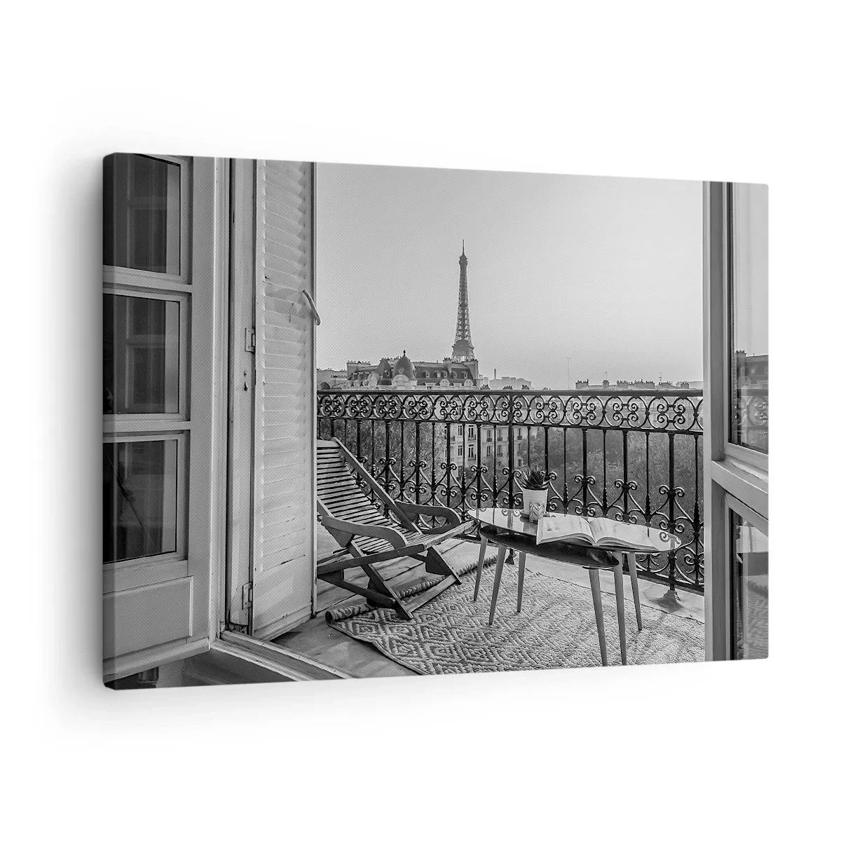 Tablou pe pânză Canvas - Vedere a Turnului Eiffel de la balcon cu șezlonguri și o masă - 70x50cm - După-amiază pariziană - Decorațiune modernă pentru perete pentru living și dormitor ARTTOR