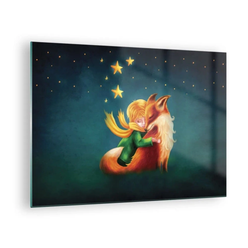 Tablou pe sticlă - Micul Prinț îmbrățișând o vulpe sub un cer înstelat - 70x50cm - Micul Prinț - Decorațiune modernă pentru perete pentru living și dormitor ARTTOR