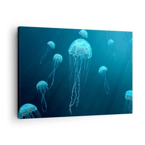 Tablou pe pânză Canvas - Meduze plutitoare în adâncurile oceanului în tonuri albastre - 70x50cm - Dansul oceanic - Decorațiune modernă pentru perete pentru living și dormitor ARTTOR