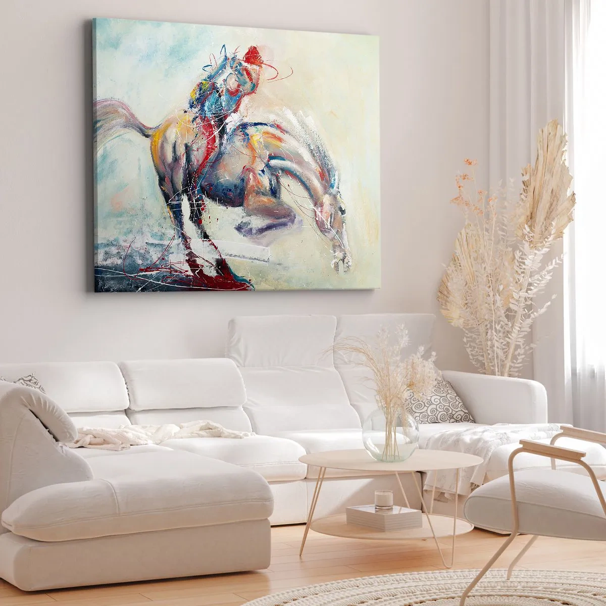 Tablou pe pânză Canvas - O imagine dinamică a unui cal într-un stil artistic abstract. - 70x50cm - Ai grijă, să zburăm - Decorațiune modernă pentru perete pentru living și dormitor ARTTOR
