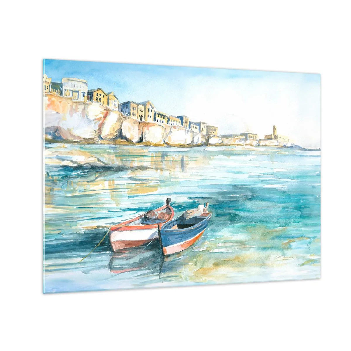 Tablou pe sticlă - Un golf turcoaz cu bărci și clădiri pe stâncă - 70x50cm - Peisaj în azur - Decorațiune modernă pentru perete pentru living și dormitor ARTTOR
