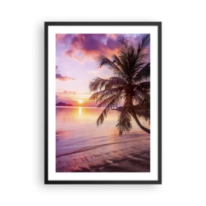Poster în ramă neagră - Apus de soare tropical cu palmier pe plajă - 50x70cm - Euforie până la orizont - Decorațiune modernă pentru perete pentru living și dormitor ARTTOR