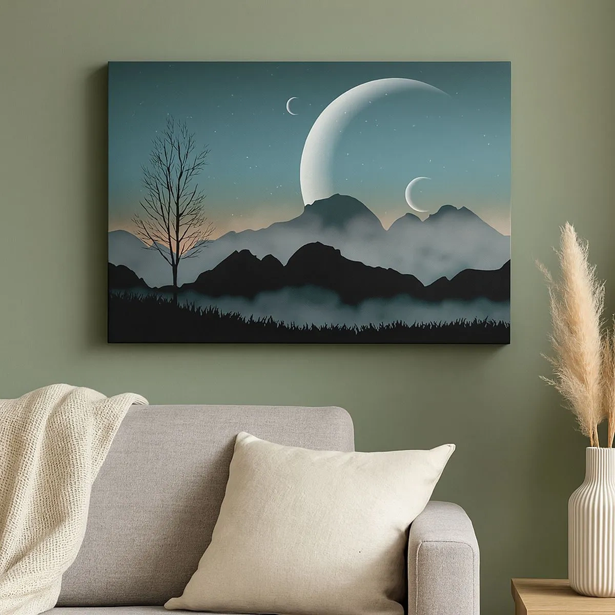 Tablou pe pânză Canvas - Munți încețoșați cu lună și un copac singuratic - 70x50cm - Carnavalul unei nopți înstelate - Decorațiune modernă pentru perete pentru living și dormitor ARTTOR