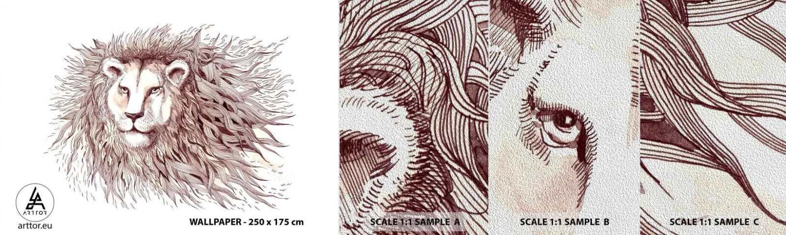 Mostră tapet Premium Sand - Împăratul flamboaiant - Animale, Leu, Abstracția - 100x30 cm